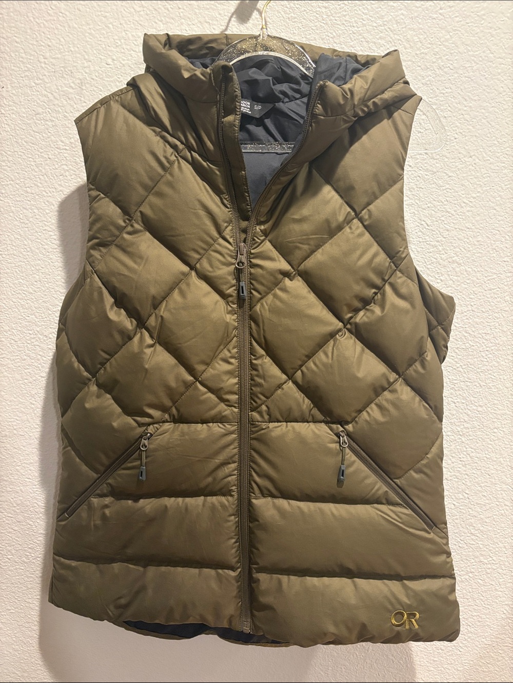 Outdoor Research Olive Green Quilted Hooded Down Puffer Vest, EUC size S